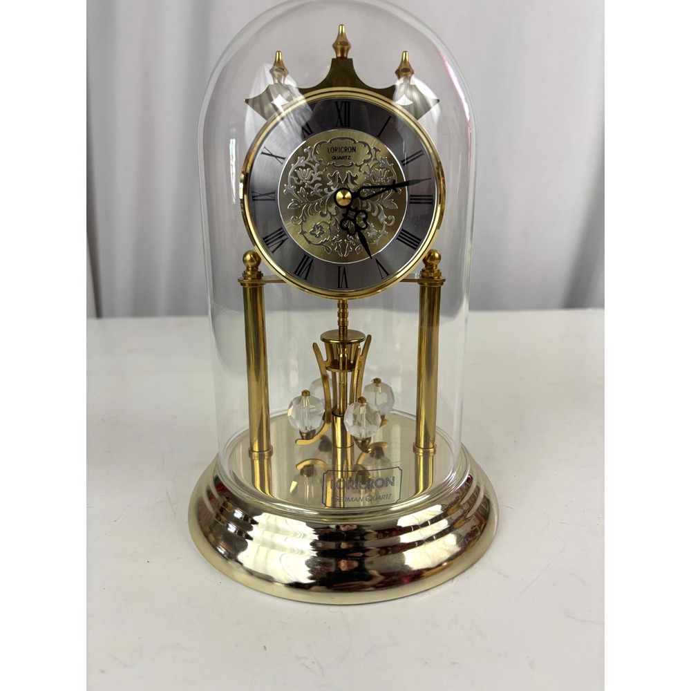 Loricron German Quartz Anniversary Clock Glass Dome Brass Tone